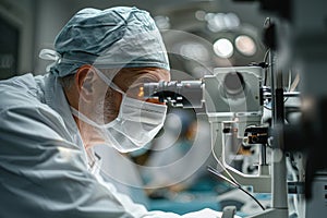 A neurosurgeon looks through a microscope during surgery in a hospital. The concept of healthcare photo