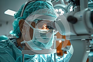 A neurosurgeon looks through a microscope during surgery in a hospital. The concept of healthcare photo