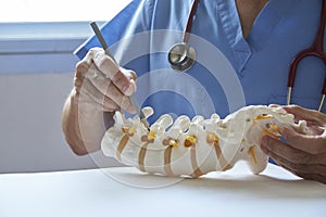 A neurosurgeon pointing at lumbar vertebra model in medical off photo