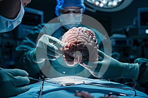 Neurosurgeons perform brain surgery. Surgeons hold brain in their hands in operating room.