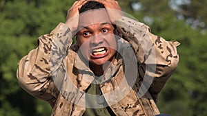 Neurotic Hispanic Male Soldier Under Stress Wearing Camo