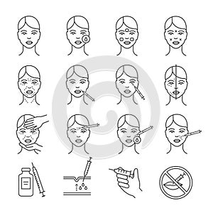 Neurotoxin injection procedure linear icons set