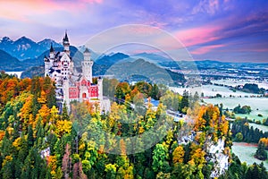 Neuschwanstein, Bavaria - Famous Bavarian fairytale autumn landscape in Alps, Germany