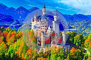 Neuschwanstein, Bavaria,Fussen province, Germany: Famous Schloss Neuschwanstein in a beautiful autumn morning