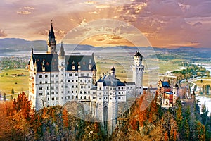 Neuschwanstein, beautiful fairytale castle near Munich in Bavari