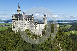 Neuschwanstein Castle amongst green trees, Bavarian Alps.