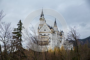 Neuschwanstein castle in a autumn winter forest with fog and clouds