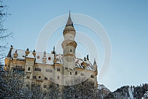 Neuschwanstein Castle closeup on early morning in winter