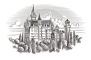 Neuschwanstein castle engraving style illustration. Vector. Layered.