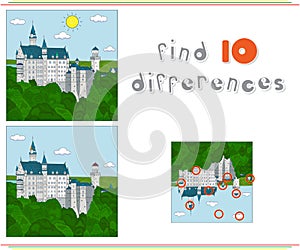 Neuschwanstein Castle. Game for kids: find ten differences