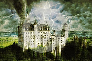 Neuschwanstein castle during the heavy storm, rain and lighting in Germany