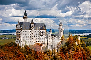 Neuschwanstein Fairytale Castle near Fussen, Bavaria, Germany. View of famous Neuschwanstein Castle. Location: village of