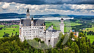 Neuschwanstein Fairytale Castle near Fussen, Bavaria, Germany. View of famous Neuschwanstein Castle. Location: village of