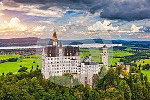 Neuschwanstein Fairytale Castle near Fussen, Bavaria, Germany. View of famous Neuschwanstein Castle. Location: village of