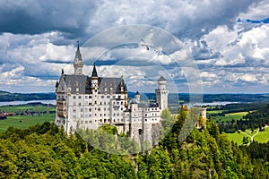 Neuschwanstein Fairytale Castle near Fussen, Bavaria, Germany. View of famous Neuschwanstein Castle. Location: village of