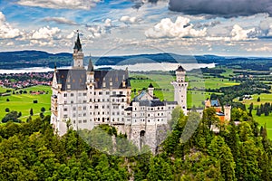 Neuschwanstein Fairytale Castle near Fussen, Bavaria, Germany. View of famous Neuschwanstein Castle. Location: village of