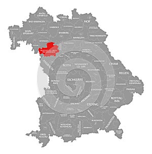 Neustadt Aisch - Bad Windsheim county red highlighted in map of Bavaria Germany