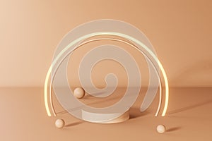 Neutral beige podium cosmetic product demonstration nude color showcase matte bubble sphere 3d render. Abstact minimal