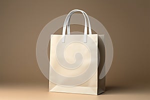 Neutral canvas white paper bag with handle on beige background