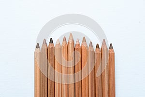 Neutral color skin pencils aligned on a white canvas