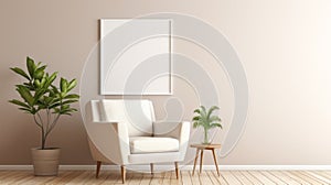 Neutral Coloured Wall Chair Mock Up With Plants And Wooden Frame