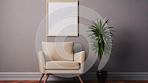 Neutral Coloured Wall Frame Mockup With Chair And Plants