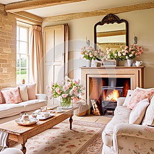Neutral cottage sitting room with fireplace, living room interior design and country house home decor, sofa and lounge