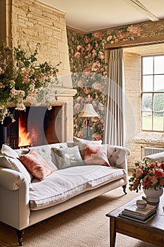 Neutral cottage sitting room with fireplace, living room interior design and country house home decor, sofa and lounge furniture,