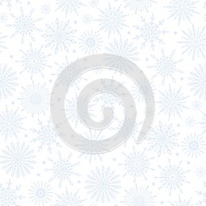 Neutral delicate gentle festive winter season seamless pattern with various pale pastel snowflake icons on white background.
