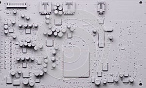 Neutral gray background: printed circuit board with microprocessor, microcircuits and other elements.