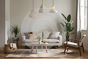 Neutral living room with beige sofa, pendant lights, potted plant, wooden chair, soft rug, and natural light