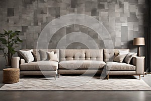 A neutral-toned sectional sofa arranged in an L-shape in front of a textured gray wall, emphasizing modern simplicity