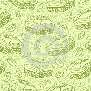 Neutral vector seamless pattern with famous middle eastern dessert Baklava with pistachio nuts.