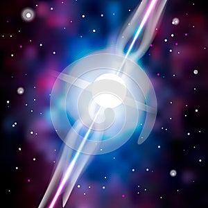 Neutron star makes radiation ray waves in the deep universe. Blitzar. Pulsar. Vector illustration