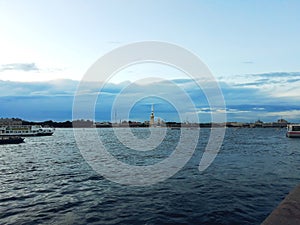 Neva river and the Peter and Paul Fortress in summer dawn