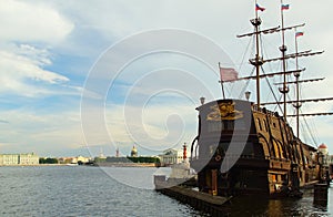 The Neva river, sailing ship and an arrow of Vasilevsky island