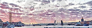 Neva river in Saint Petersburg large panoramic view with divorced bridge at white nights