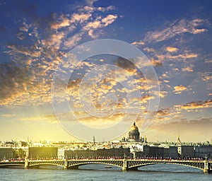 Neva river scape and the dome of St Isaac's Cathedral in Saint P