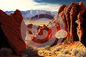 Nevada desert landscape with red rock canyon and arching mountains