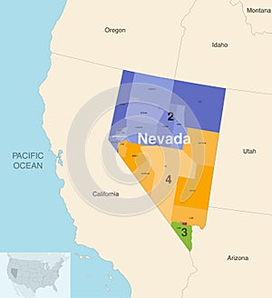 Nevada state counties colored by congressional districts vector map with neighbouring states and terrotories