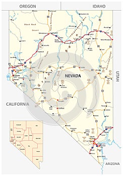 Nevada streets and administrative map with interstate US highways and main roads