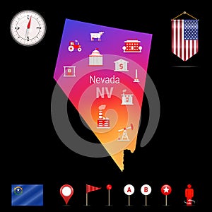 Nevada Vector Map, Night View. Compass Icon, Map Navigation Elements. Pennant Flag of the USA. Industries Icons