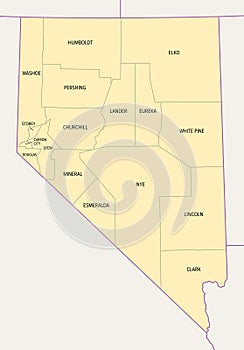 U.S. state of Nevada, subdivided into 16 counties and Carson City, political map