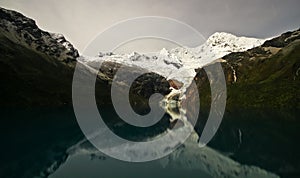 Nevado HuantsÃÂ¡n and Laguna Rajucolta, Cordillera Blanca, Peru photo