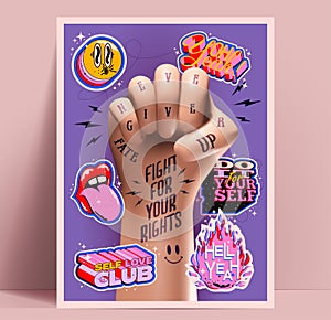 Never Give Up motivational poster design template with raised arm fist with motivational tattoos and retro funny stickers on