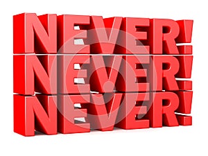 Never! Never! Never! words red 3D lettering