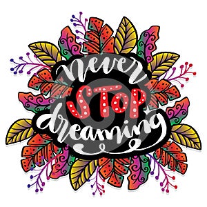 Never stop dreaming hand lettering.