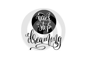 Never stop dreaming hand lettering positive quote