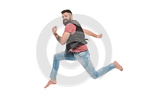 Never stop. Man thief run away. Keep moving concept. Guy bearded hipster captured in running motion isolated on white