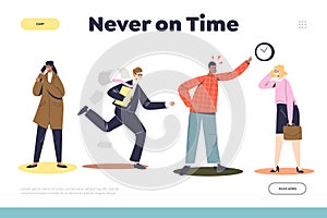 Never on time landing page with angry businessman boss and workers being late